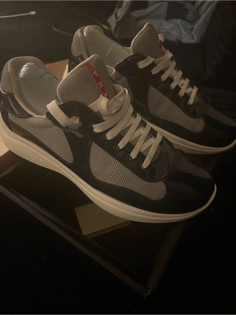 Prada Navy blue Patent & Gray Mesh Sneakers with White Laces and Red Tongue Stri
